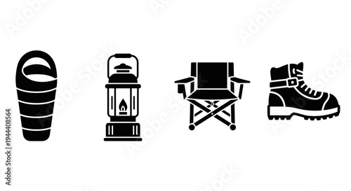 Camping gear and hiking boot icons.