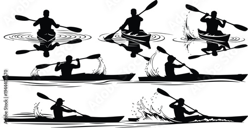 Kayaking Paddle Stroke Sequence Silhouette Set Showing Kayaker Movement on Water Outdoor Adventure Canoe Athlete Vector Illustration Collection Black Design