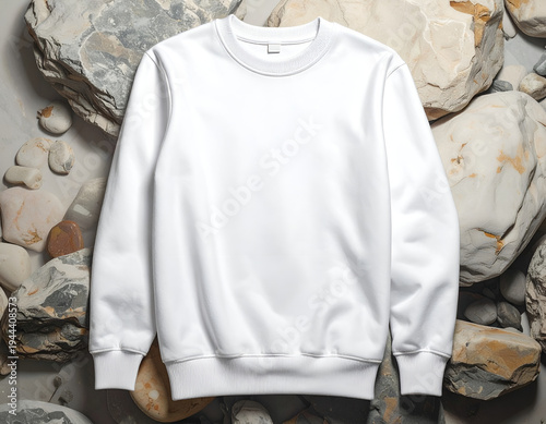 Blank white crewneck sweatshirt lays on a bed of smooth river stones