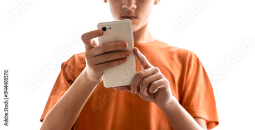 Problem of children's addiction to gadgets, online, screen time. Child, teenager or preteen mobile phone. Mobile addiction, digital dependence concept. Child boy with cell phone, holds smartphone