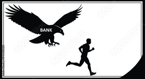 Man running from bank eagle predator metaphor, financial pressure and debt pursuit concept illustration isolated on white background
