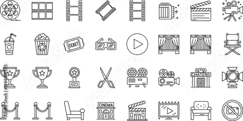 Cinema movie and film production line icons set, theater entertainment outline vector collection for media video industry design