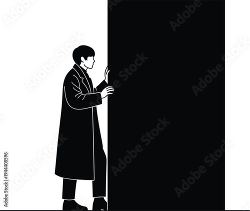 Man opening large door silhouette concept of opportunity, curiosity and discovery, business metaphor illustration isolated on white background