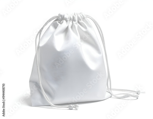 A white drawstring pouch, smooth, with two knotted cords