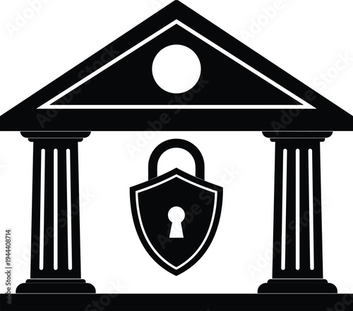 Secure bank building with shield and lock symbol icon, financial security protection concept illustration isolated on white background