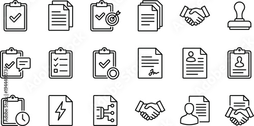 Business Document Approval and Workflow Outline Icon Set with Clipboard Checklist, Contract Signature, Handshake Agreement, Official Stamp and Digital File Management Symbols