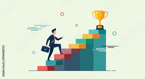 A businessman ascends a colorful staircase toward a trophy symbolizing success and achievement in a flat vector silhouette high quality professional