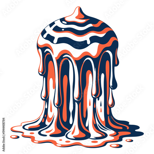 Melting ice cream sundae with orange and navy blue swirls on white background