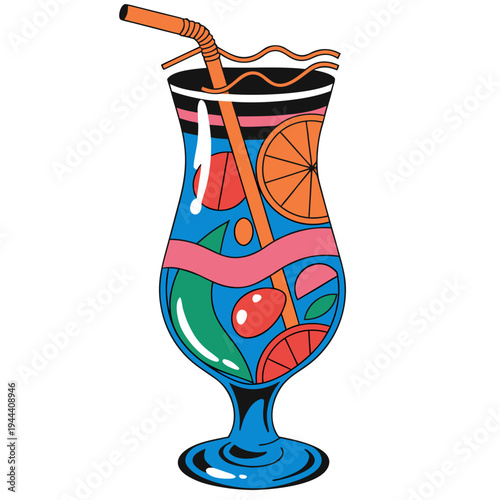 Colorful cocktail with straw and fruits in a glass blue