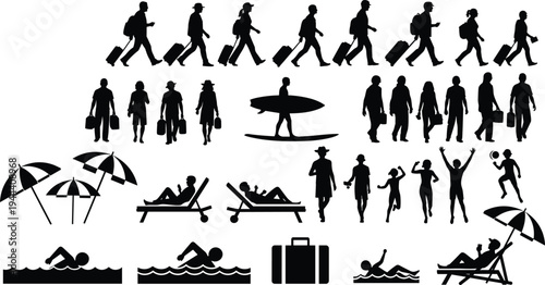 Travel and vacation silhouette icon set with tourists, luggage, beach umbrellas, swimmers and surfers isolated vector illustration collection