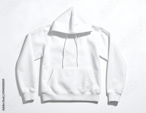 Plain white hooded sweatshirt with front pocket, drawstring