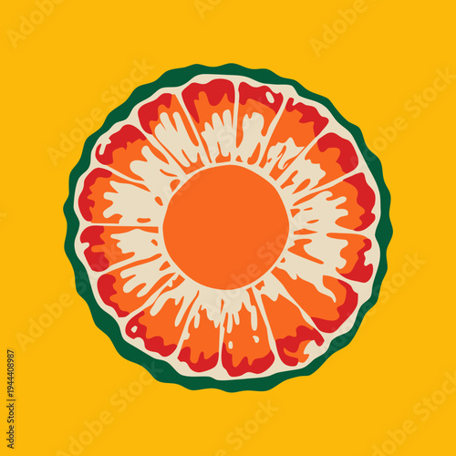 Slice of orange fruit with green and orange background