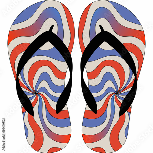 Red blue and white swirl flip flops with black straps sandals