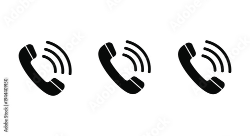 Three black telephone handsets are displayed in a row against a white background a minimalist silhouette high quality professional detailed modern