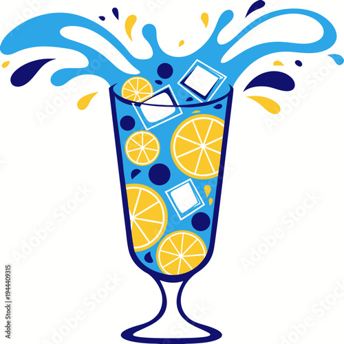 Blue lemonade glass with ice cubes and splash lemons