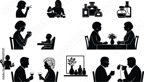 Black silhouettes of people enjoying wine