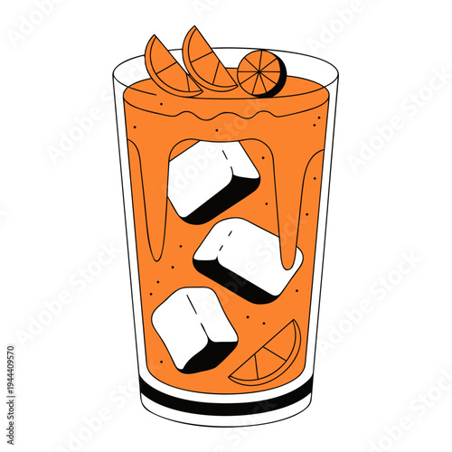 Orange drink with ice cubes and slices in a glass orange slices beverage