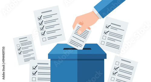A hand deposits a marked ballot into a blue ballot box representing democratic participation and civic duty silhouette high quality