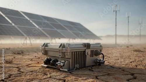 Battery management system enclosure sharply detailed amidst a hazy backdrop of solar cells and transmitter poles representing reliable offgrid renewable power in the desert.