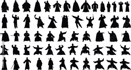 martial, arts, silhouette, kung, fu, fighters, combat, warrior, training, poses, defense, sport, traditional, action, movement, vector, illustration, isolated, set, collection