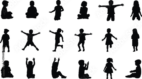 Children silhouettes collection with kids sitting, playing, jumping and standing in different poses isolated vector set for childhood, school and education design