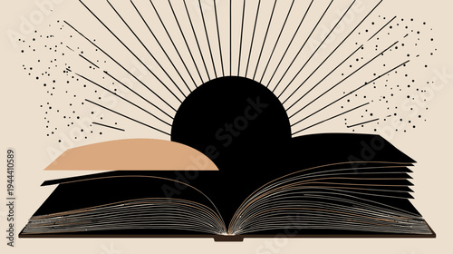 Illustration of an open book with black pages, a rising sun, and radiating lines