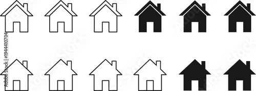 Vector collection of minimalist house icons featuring various home silhouettes in black and white outline and solid styles isolated on a white background