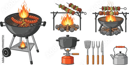 Outdoor BBQ and Grill Set with Sausages, Skewers, Cooking Tools, and Campfire for Summer Cooking and Barbecue Party Illustrations