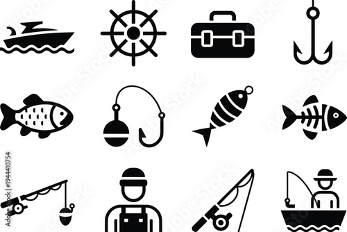 Fishing and boating icons collection including boat, anchor, fish, hook, rod and angler silhouettes for marine sport, fishing equipment and nautical activity design