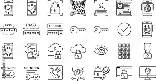 Cyber security and authentication line icons set, digital protection biometric password verification outline vector collection for secure technology systems