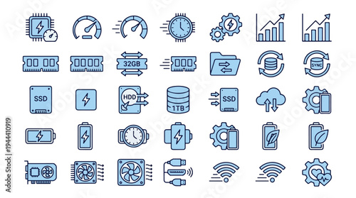 Comprehensive collection of computer hardware and technology line icons including CPU, RAM, SSD storage, battery life, cooling fans, and network connectivity symbols for digital designs, tech, it.