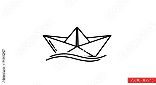 Origami paper boat floating on water waves, simple line art icon, minimalist design