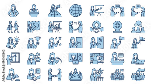 Comprehensive collection of professional blue line icons depicting female business leadership, corporate success, career management, public speaking, networking, and team empowerment, business, woman