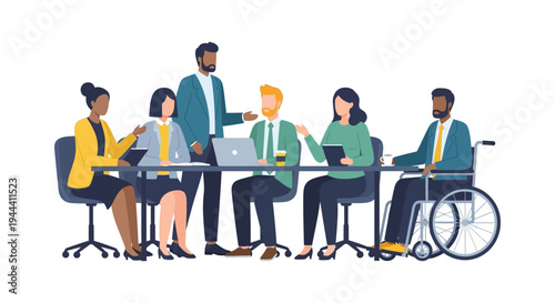 Diverse Business Team Meeting: Inclusive Workplace Collaboration with Professionals, Including a Disabled Employee in a Wheelchair