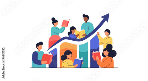 Lifelong Learning for Success: Diverse People Reading Books Around an Upward Growth Chart Illustration