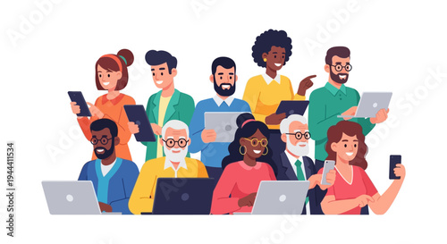Diverse Group Using Digital Devices: Laptops, Tablets, and Smartphones for Connectivity, Communication, and Modern Collaboration