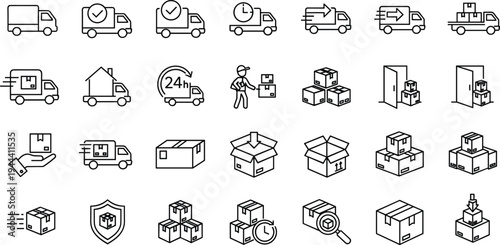 Delivery logistics line icons, shipping service symbols, courier transport elements, minimal outline vector set, warehouse package distribution system collection