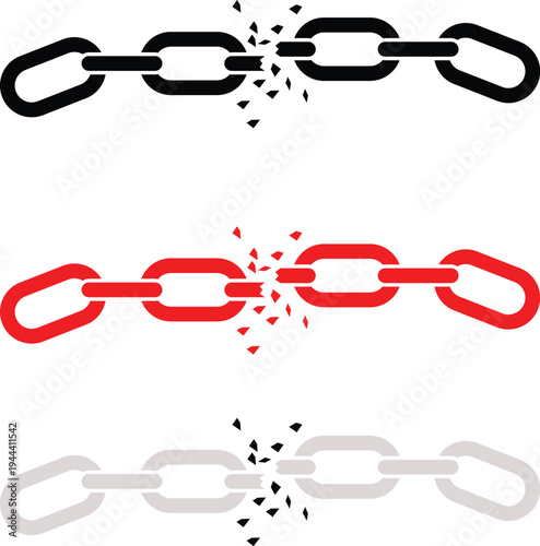 broken chain set vector icons. Black silhouette with break or wreck chain red and gray chain