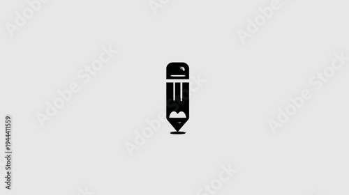 A stylized black pencil graphic on a light grey background. Simple and minimalistic design