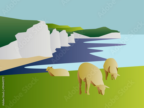 Canvastavla A minimalist flat-style vector illustration of white cliffs overlooking a blue sea, featuring sheep grazing on a green grassy hill in the foreground