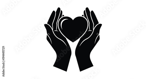 Two hands gently cradle a dark heart shape representing care and protection shown as a striking silhouette high quality professional detailed