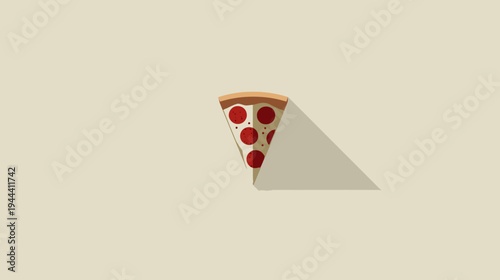 A simple, flat design depiction of a pizza slice with pepperoni, casting a long shadow