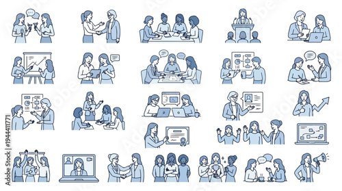 Comprehensive set of blue line art illustrations depicting professional women in various business meetings, presentations, office teamwork, networking, and leadership roles, career, success, business