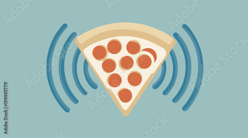 A slice of pizza with pepperoni surrounded by blue curved lines on a light blue background