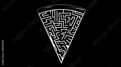Black and white image of a pizza slice filled with a complex maze pattern
