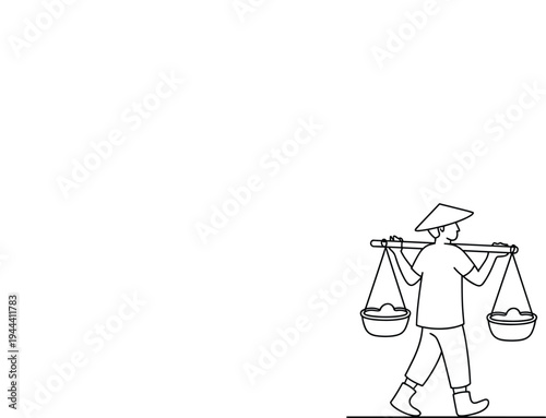 Asian Farmer Carrying Buckets on Shoulder Pole Line Art Minimalist