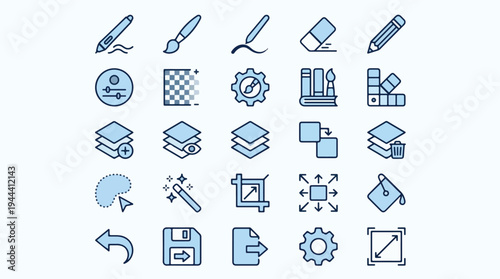 A detailed collection of blue digital art and graphic design software interface icons featuring layers, brushes, tools, and editing symbols for creative workflow production, design, vector, icons