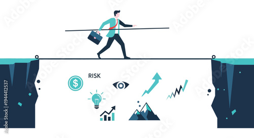 A businessman precariously walks a tightrope over a chasm representing financial risk and uncertainty silhouette high quality professional detailed modern elegant