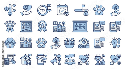 Comprehensive collection of blue flat line icons depicting charity, non-profit work, fundraising, community volunteering, social impact, animal rescue, and environmental care, icon, vector, symbol