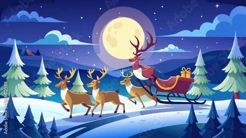 Santa claus with reindeer in winter night